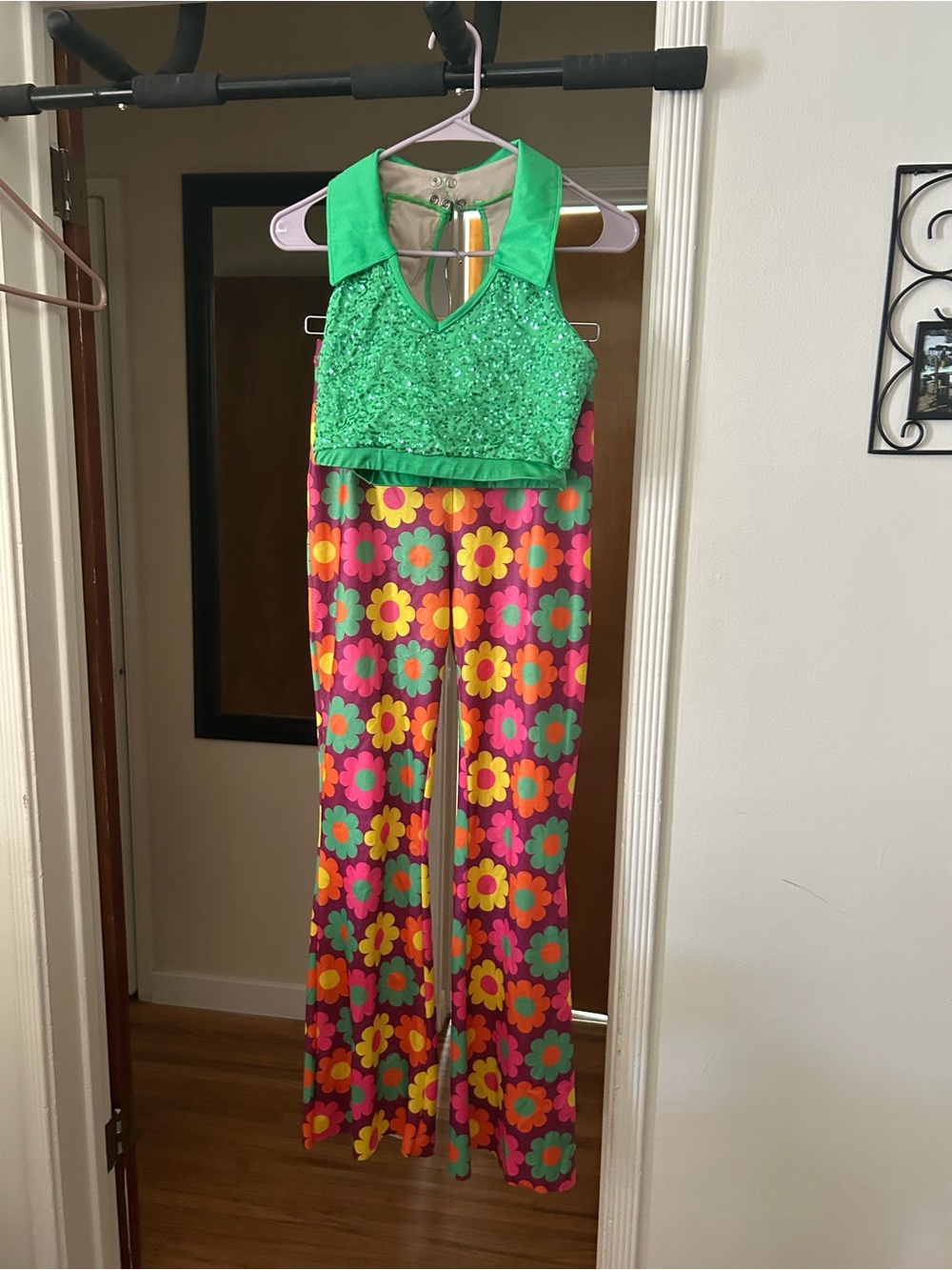 Weissman Boogie Wonderland Green Sequin Crop Top with Floral Flared Pants